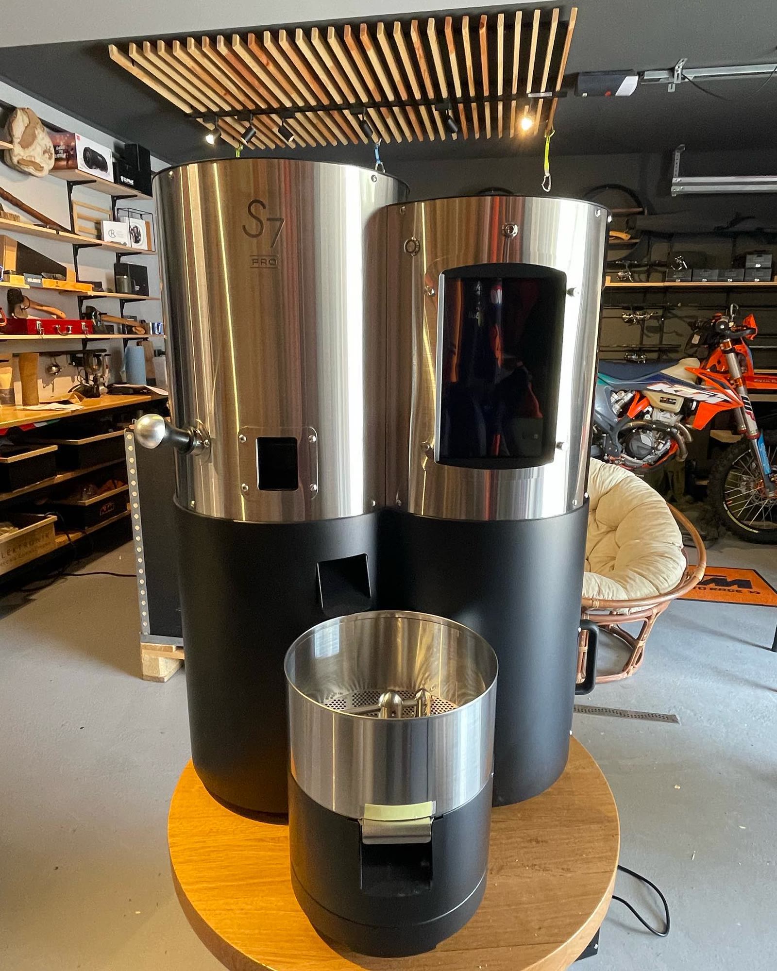 The original Duca Coffee Roasters roasting setup in a garage, where it all began