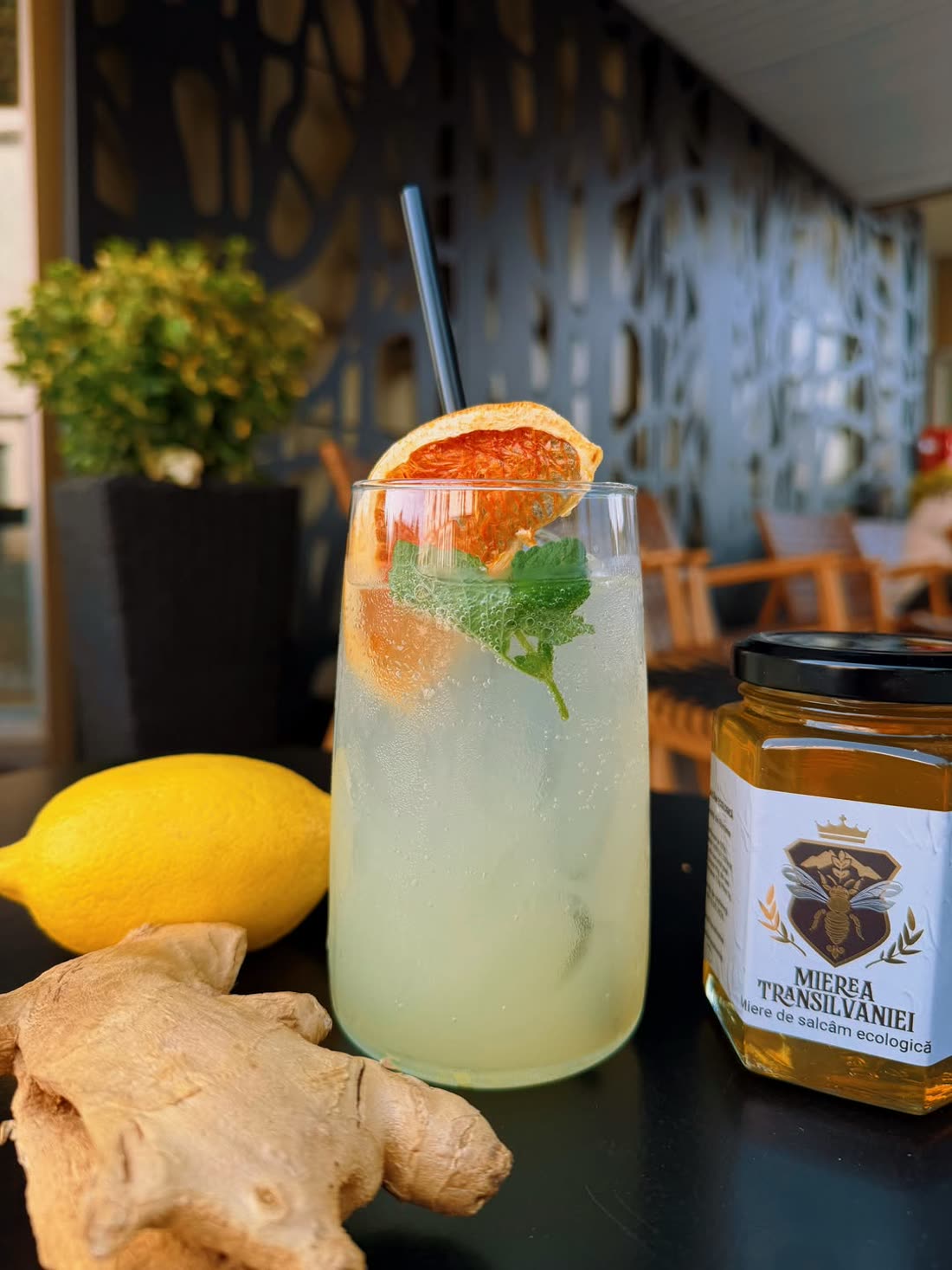 A citrus and ginger lemonade with fresh honey